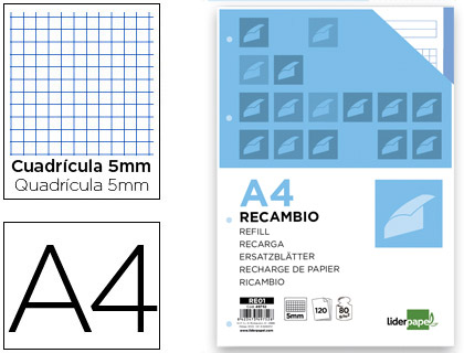 Recambio Liderpapel A4 120h 80g/m² c/5mm. 4 taladros banda 5 colores